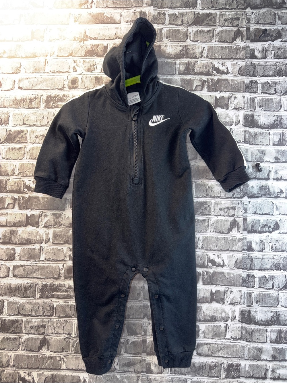 Nike Black Hooded Baby One-Piece Footie with White Logo